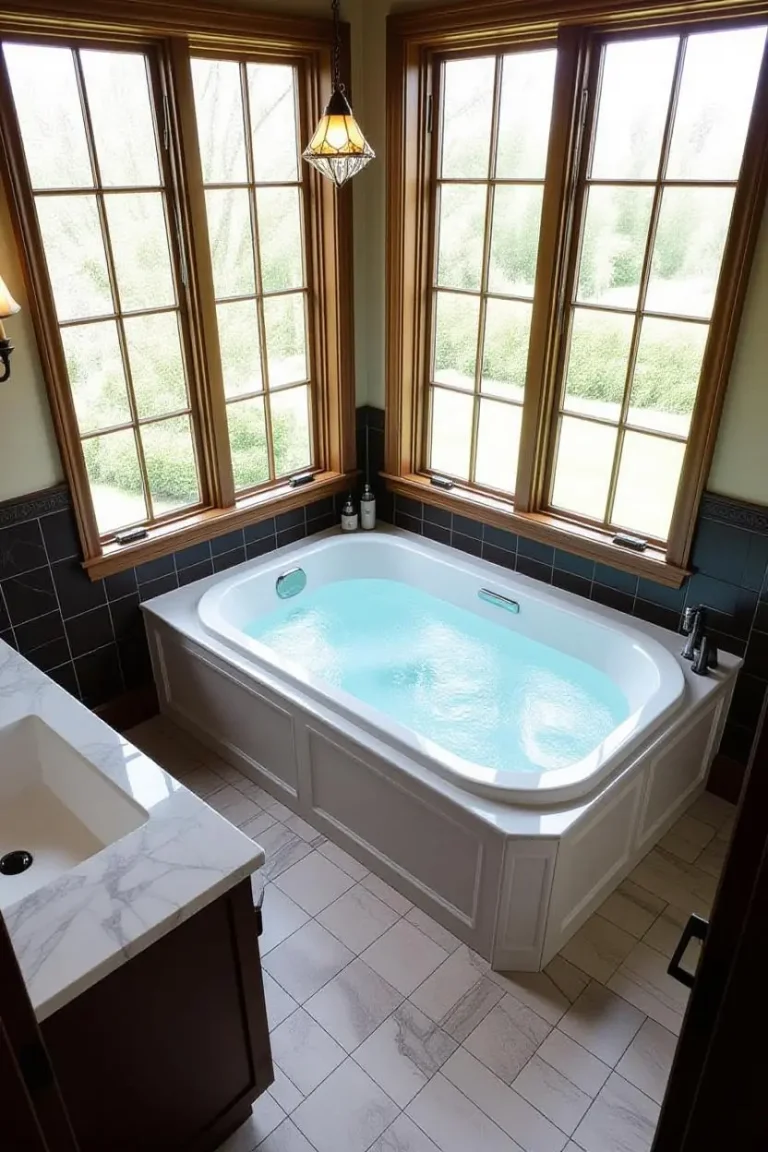 Home remodel Walnut Creek CA bathroom upgrade with soaking tub, tile flooring, and natural light from bay windows